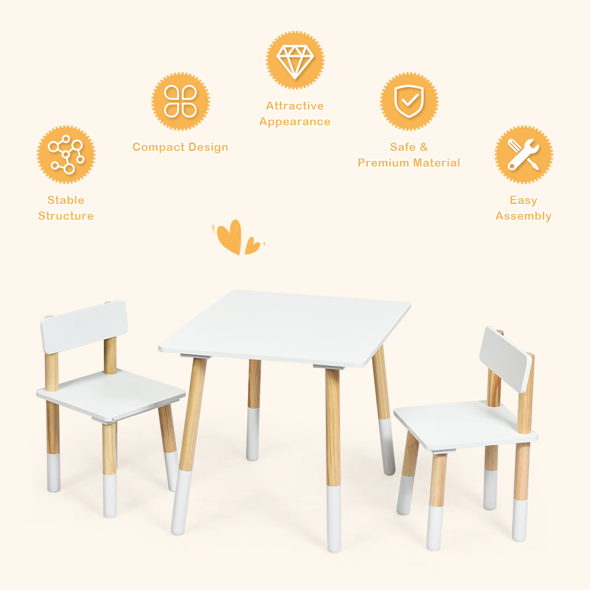 NNECW Kids Table and 2 Chairs Set with Pine Wood Legs for Playing & Learning & Eating