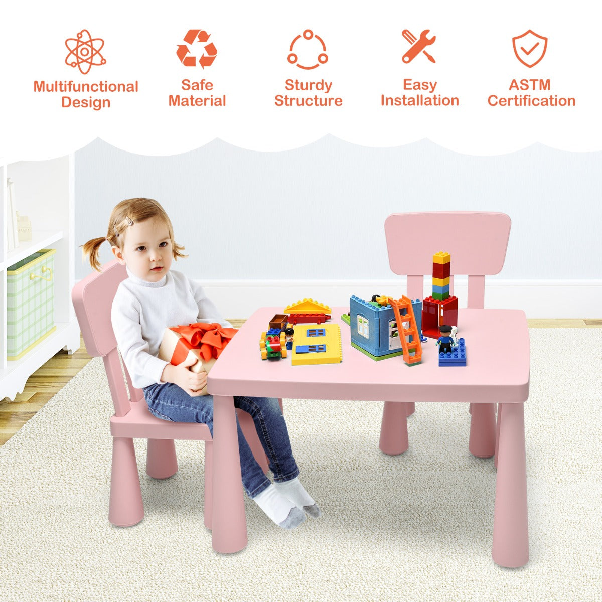 NNECW 3 Pieces Kids Table Set with 2 Chairs for Reading-Pink