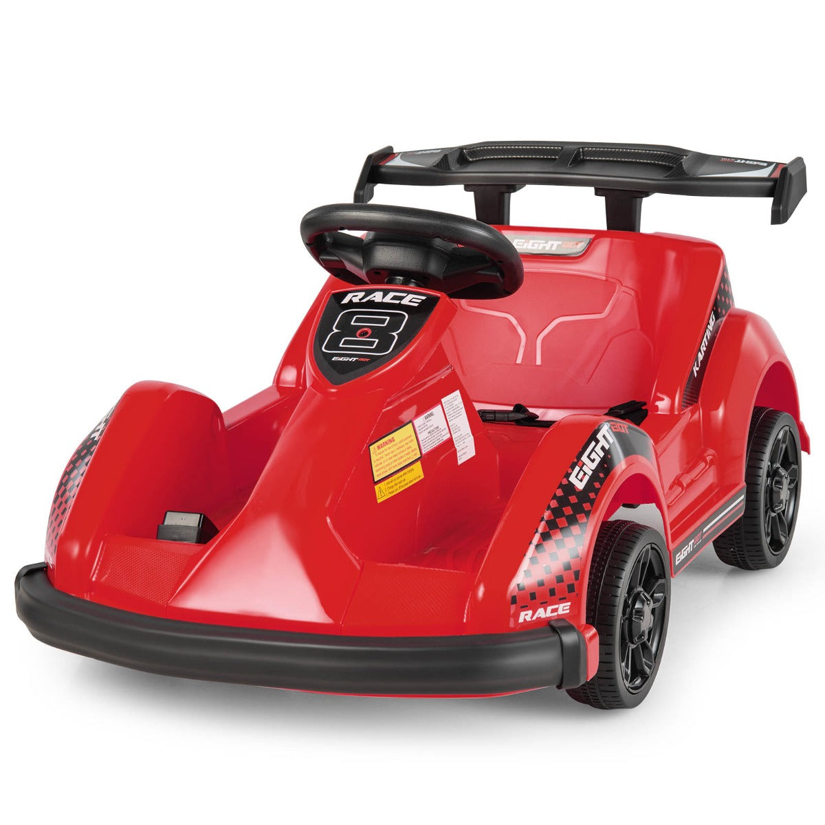 Red toy race car with black accents on a white background